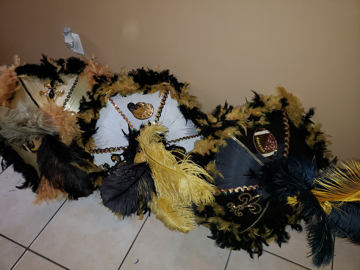 Saints themed second line umbrella by All About Events  www.allaboutevents.net